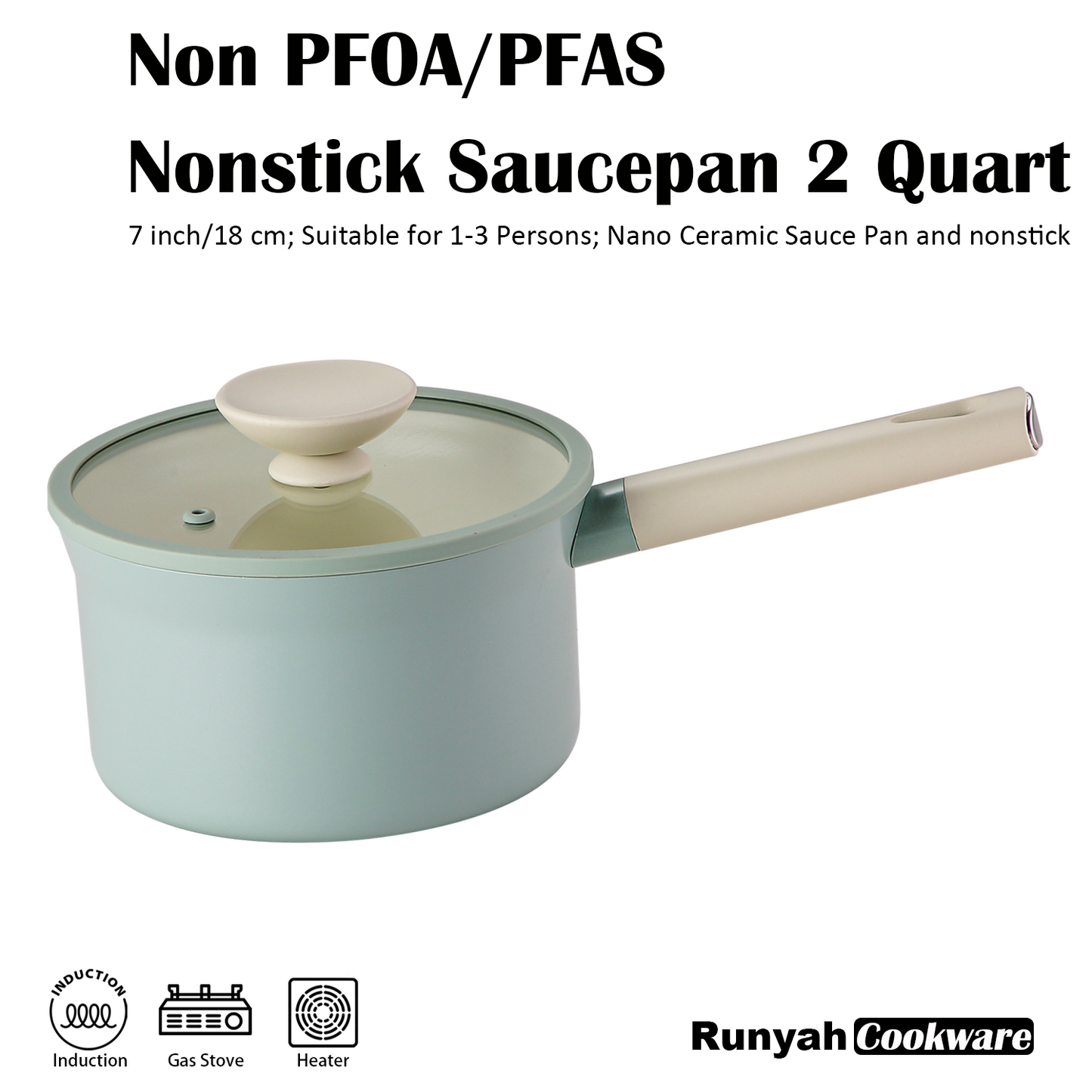 Nonstick Non-PFOA&PFAS Ceramic Sauce Pan with Lid, 7 inch, 2 Quart, Healthy Non Toxic Coating