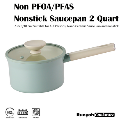 Nonstick Non-PFOA&PFAS Ceramic Sauce Pan with Lid, 7 inch, 2 Quart, Healthy Non Toxic Coating