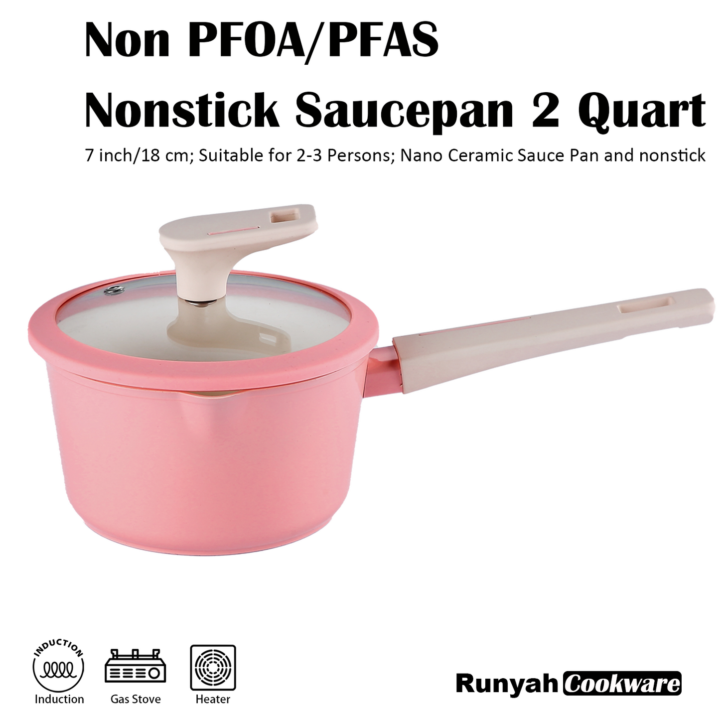 Nonstick Non-PFOA&PFAS Ceramic Sauce Pan with Lid,7 inch,2 Quart, Healthy Non Toxic Coating