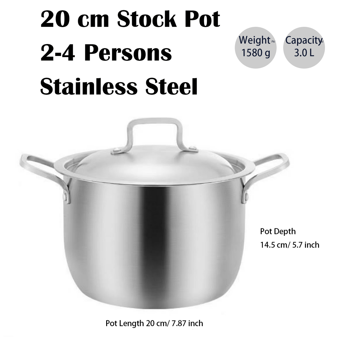 Stainless Steel Stock Pot with Lid, 20/24 cm, 3/5 Quart, Triple Layer Bottom