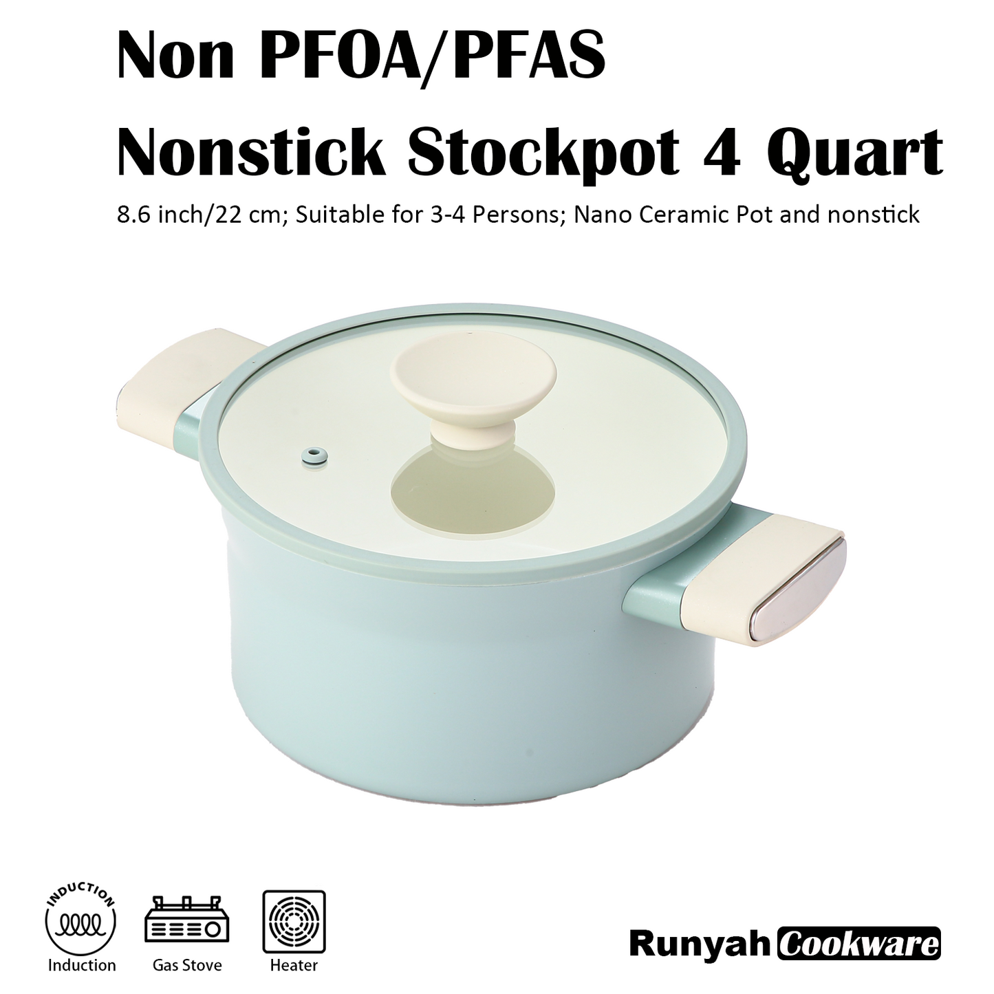 Nonstick Non-PFOA&PFAS Ceramic Stock Pot with Lid, 8.6 inch, 4 Quart, Induction Soup Pot Milk Pot