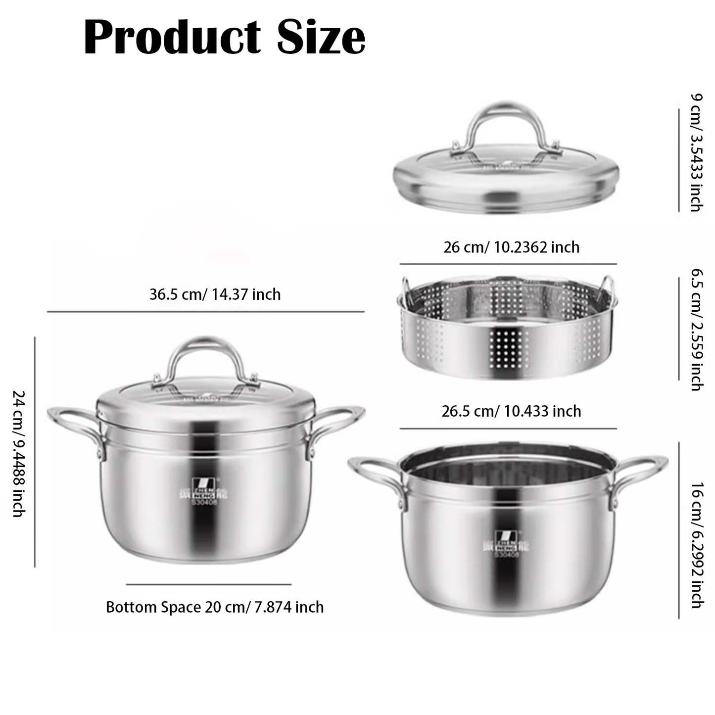 Stainless Steel Steamer Pot with Lid, 10.4 inch, triple bottom, Steaming Pot Cookware For Vegetable, Sauce, Food