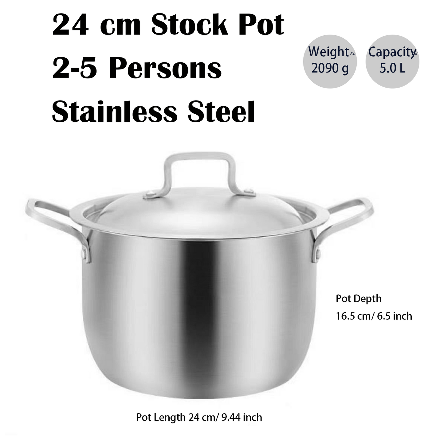 Stainless Steel Stock Pot with Lid, 20/24 cm, 3/5 Quart, Triple Layer Bottom