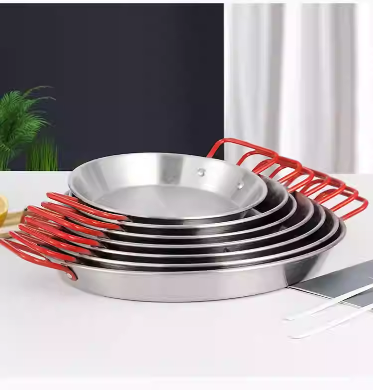 Stainless Steel Paella Pot with Red Double Handles, Dish Sea Food Rice Plate