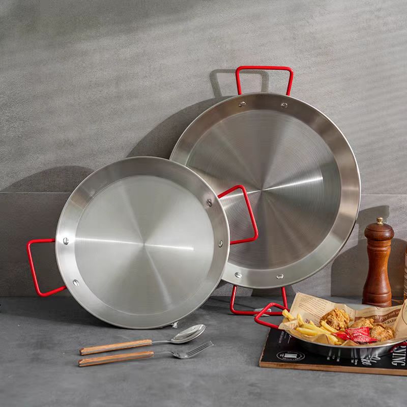 Stainless Steel Paella Pot with Red Double Handles, Dish Sea Food Rice Plate