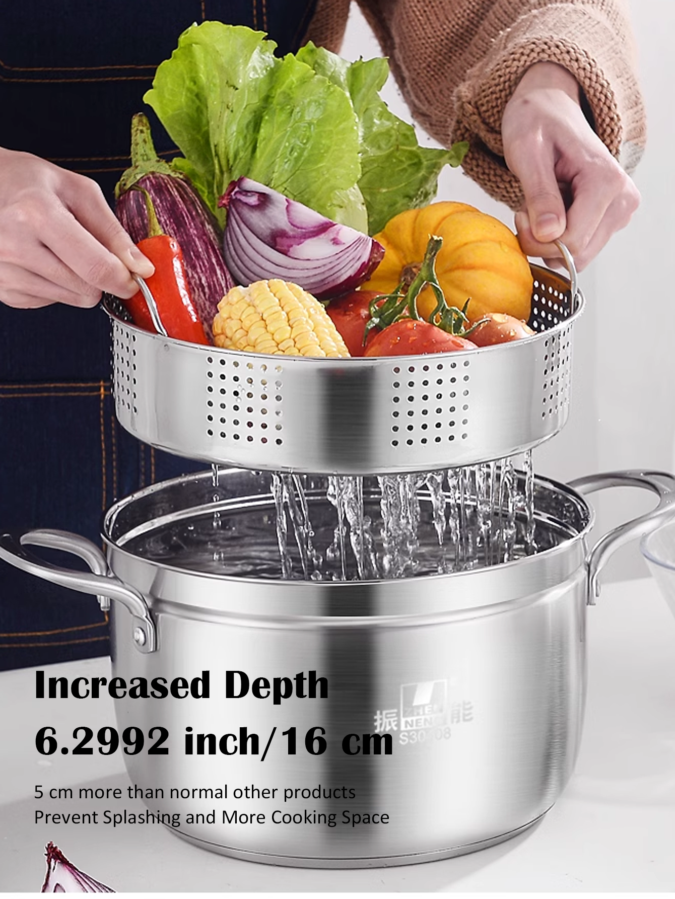 Stainless Steel Steamer Pot with Lid, 10.4 inch, triple bottom, Steaming Pot Cookware For Vegetable, Sauce, Food