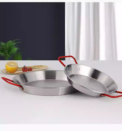 Stainless Steel Paella Pot with Red Double Handles, Dish Sea Food Rice Plate