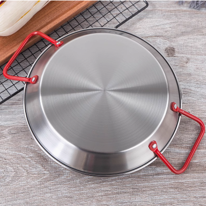 Stainless Steel Paella Pot with Red Double Handles, Dish Sea Food Rice Plate