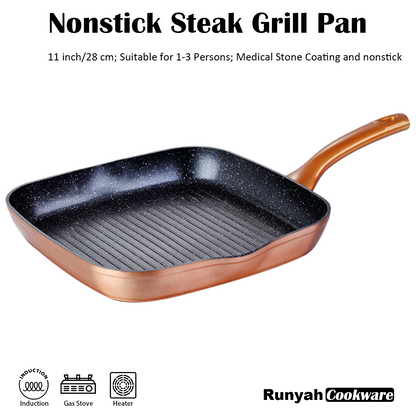 Nonstick Grill Pan Skillet 11 inch, Nonstick Medical Stone Steak Pan, Non PFOA&PFAS