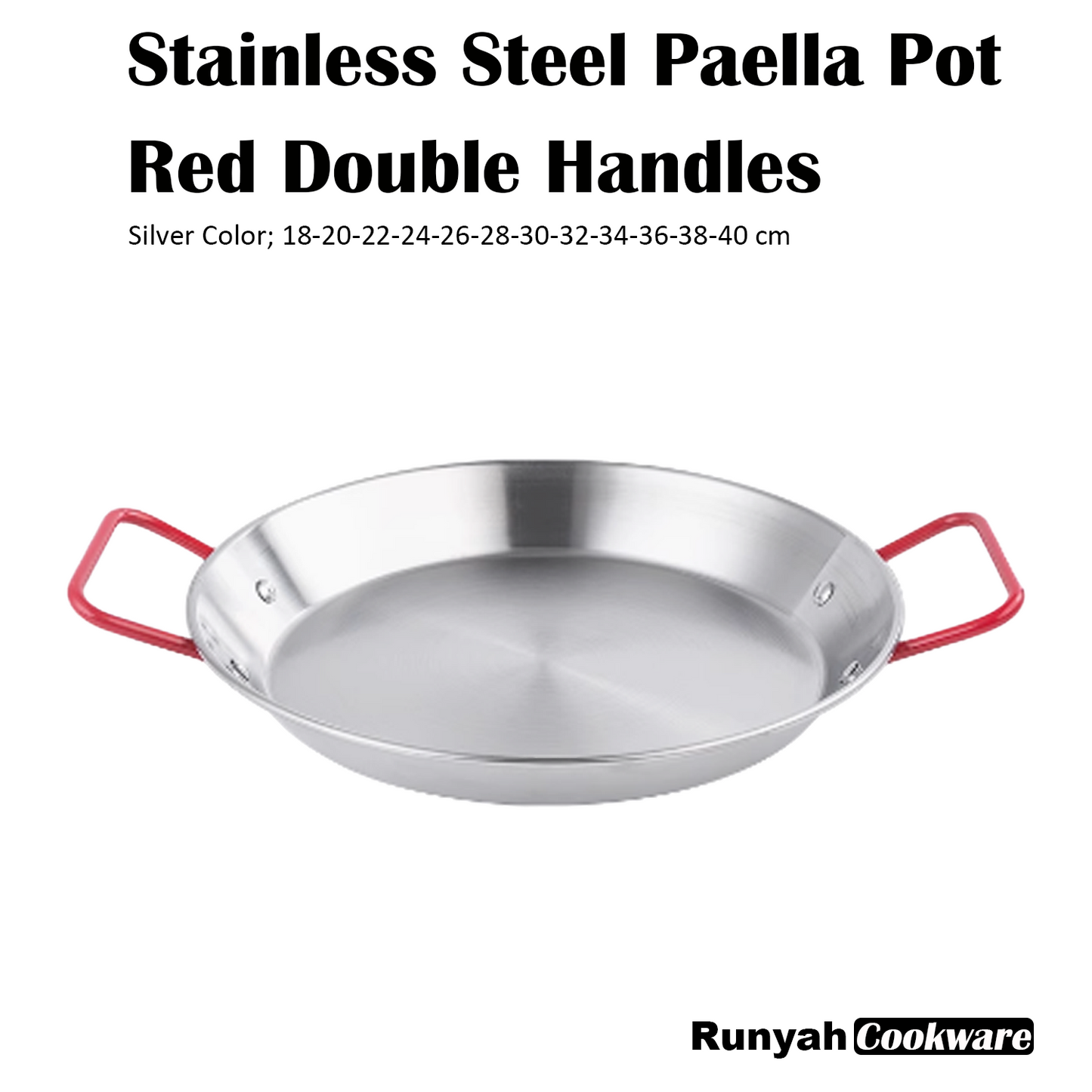 Stainless Steel Paella Pot with Red Double Handles, Dish Sea Food Rice Plate